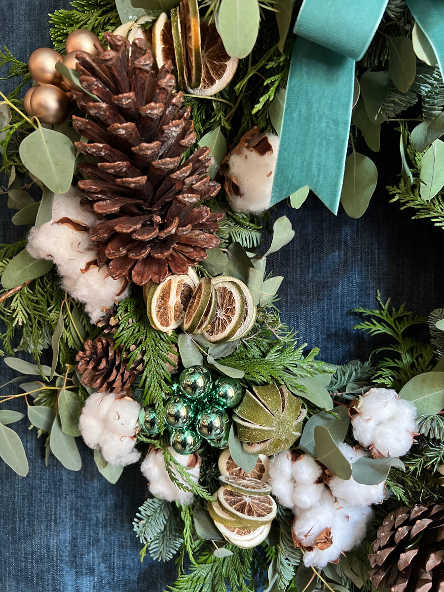 Corona de Navidad Natural "Verdes & Algodón"- XL