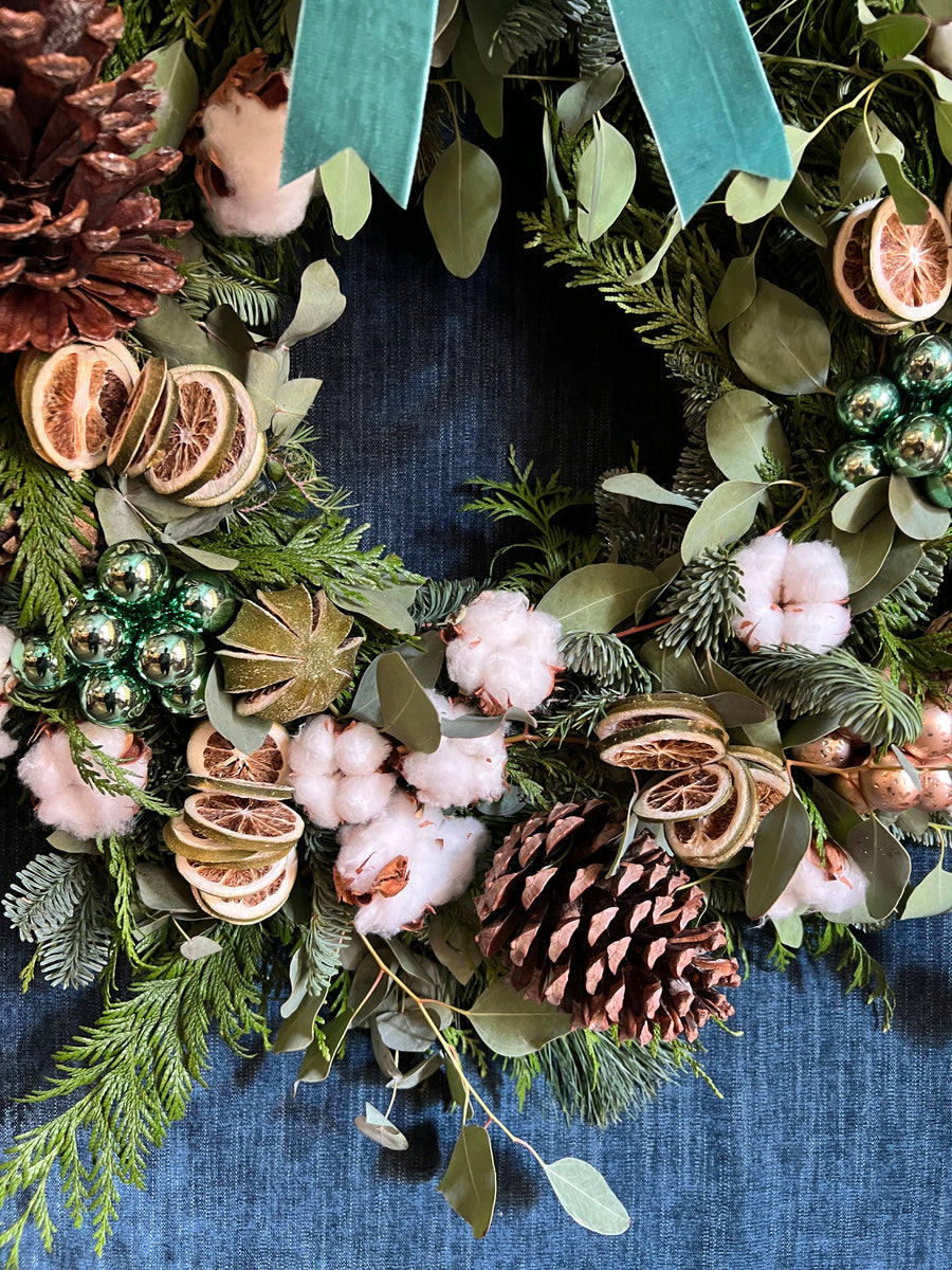 Corona de Navidad Natural "Verdes & Algodón"- XL